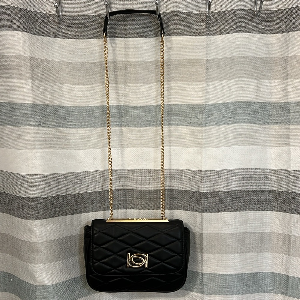 Bebe Abigail Black Quilted Flap Shoulder Bag with Gold Tone Chain Strap